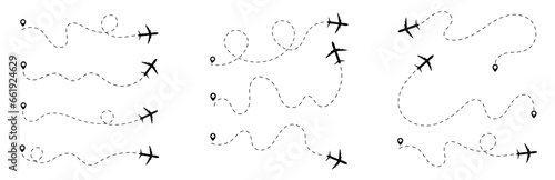 Airplane dashed lines path with start point and dash line Airplane routes set. Plane route line. Planes dotted flight pathways. Plane paths. Aircraft tracking, Airplane routes. Travel vector icon. photo