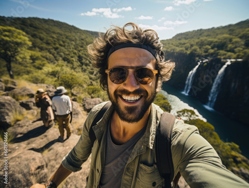 A young guy travels the world. Selfie at a waterfall. 