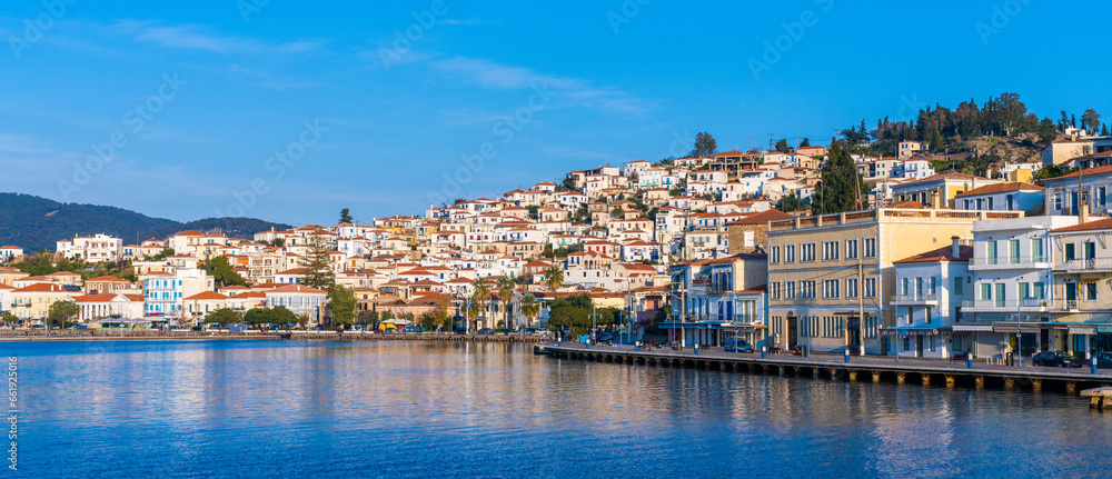 Poros, Greece - 17 February 2023 - View on the town of Poros on Poros island seen from the mainland