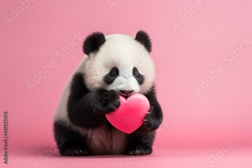 Cute baby panda holding heart-shaped object on Valentine's Day. Generative AI
