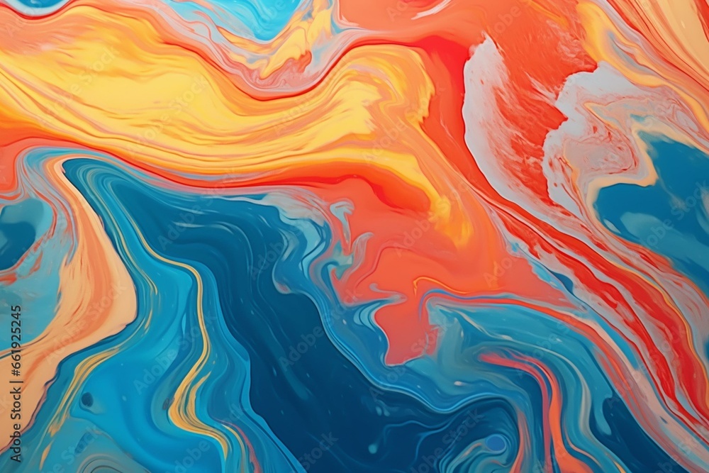 Colorful vibrant waves on a marbled blue and orange background. Epoxy resin art with a psychedelic fluid-like appearance. Ideal for wallpapers and interior decor. Generative AI