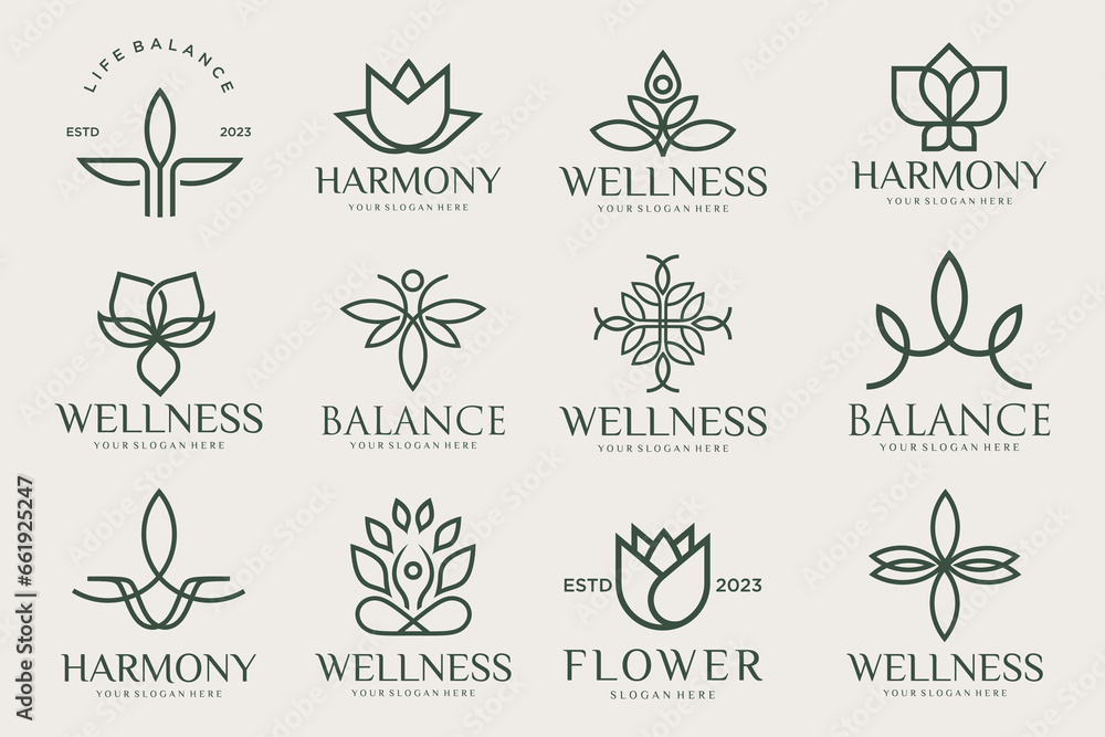 Collection of Yoga,Zen and Meditation logos,linear icons and elements.style minimalist.Vector design - obrazy, fototapety, plakaty 