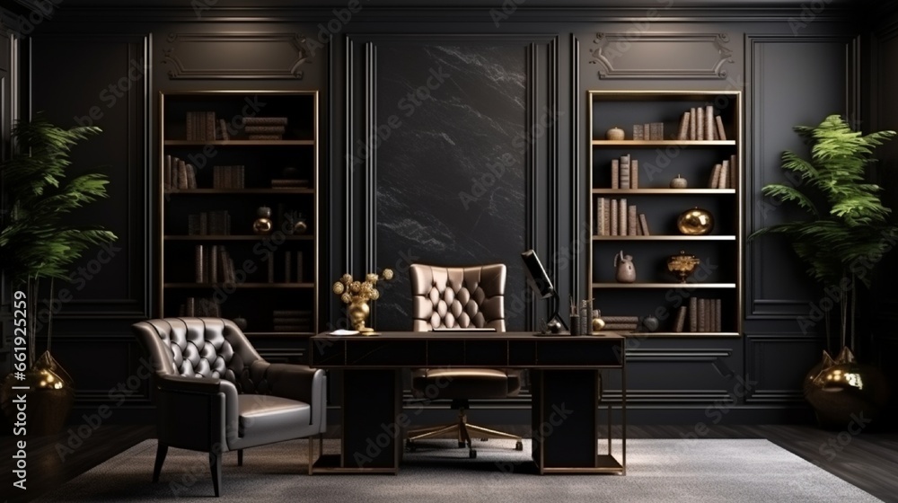 Modern interior design for home, office, interior details, upholstered furniture against the background of a dark classic wall. Modern interior design for home, office, interior details, upholstered furniture against the background of a dark classic wall.