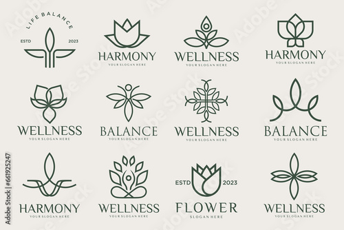 Collection of Yoga,Zen and Meditation logos,linear icons and elements.style minimalist.Vector design #661925247