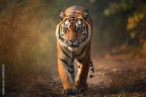 Male tiger walking in natural habitat. Wildlife scene. Generative AI