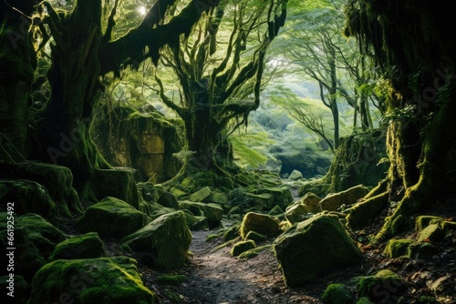 An ancient forest, towering trees intertwined with vines, where dappled sunlight creates a mystical ambiance among mossy rocks and fern-covered ground