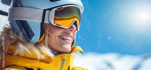 smiling blonde skier woman with helmet and goggles sitting in ski lift against blue sky background on sunny day. winter vacations. banner with copy space