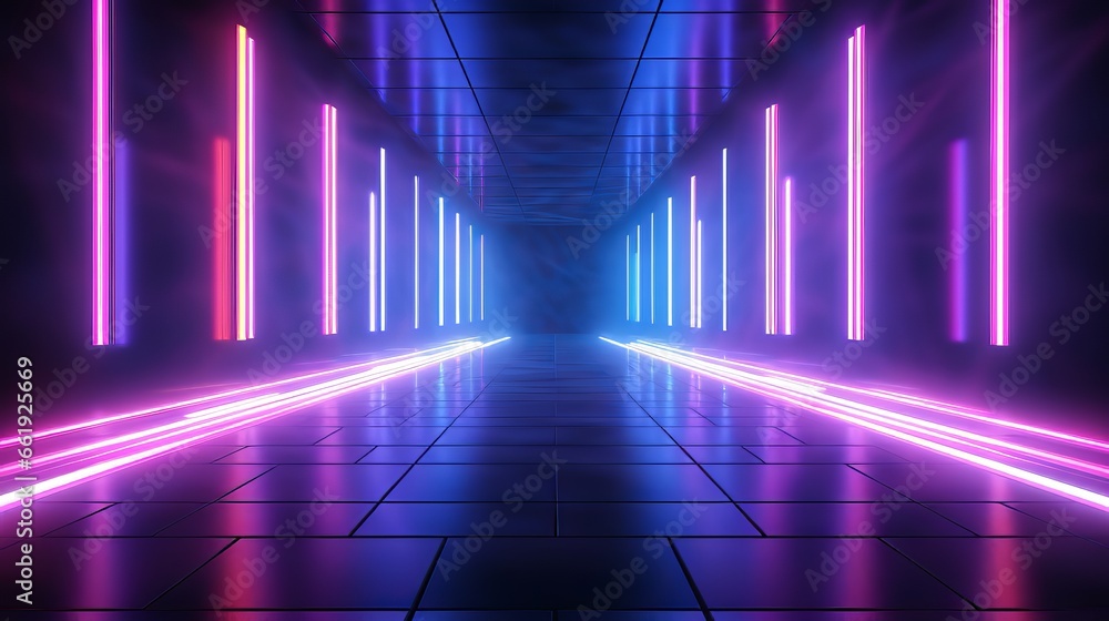 Naklejka premium Sci Fi Futuristic Smoke Fog Neon Laser Garage Room,blue pink violet neon abstract background,ultraviolet light,night club Cyber Undergound Warehouse Concrete Reflective Studio,3D Render illustration