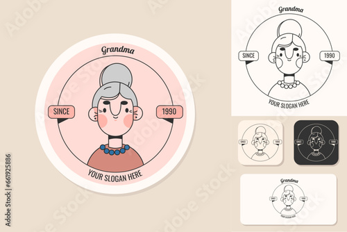 Set logos of a senior elderly woman isolated.Colored and black-white flat vector logos of a gray-haired person.Different colors,stickers,branding card