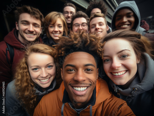 A group of international friends taking a selfie. 