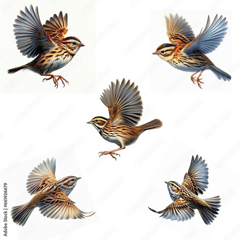Obraz premium A set of LeConte's Sparrows flying isolated on a white background