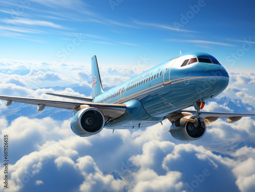 A passenger plane flies above the clouds. 