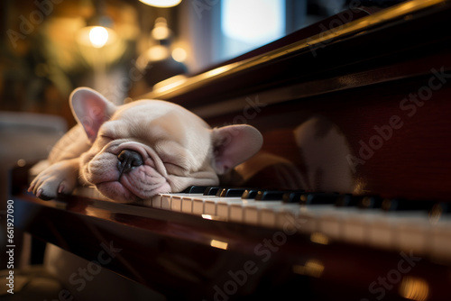 Close-up view at French bulldog's face white fluffy dog sleep on the piano's keyboard. photo