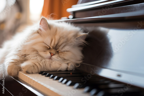 Close-up view at Persian cat face sleep on the piano's keyboard.

 photo