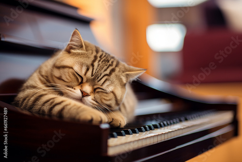 Close-up view at Scottish Fold cat face sleep on the piano's keyboard. photo