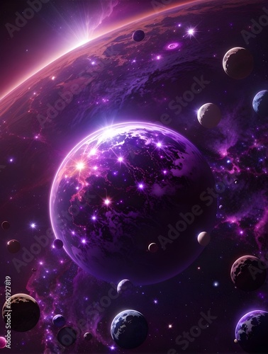 purple planet in space, cosmic palette, high resolution, purple galaxies, mesmerizing stars, purple earth and stars.