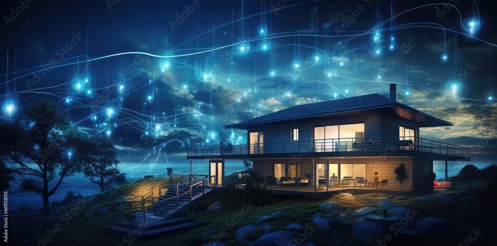 Connected houses. Digital community and smart homes. Houses at night with data transactions.