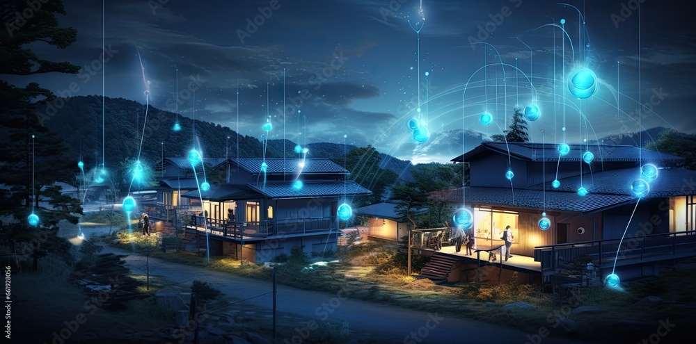 Fototapeta premium Connected houses. Digital community and smart homes. Houses at night with data transactions.