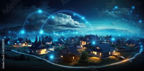 Connected houses. Digital community and smart homes. Houses at night with data transactions.