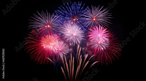 Vibrant fireworks in various colors adorn the night sky, suitable for the New Year and other celebrations