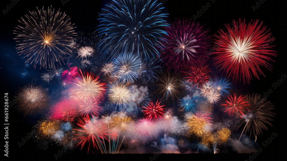 Vibrant fireworks in various colors adorn the night sky, suitable for the New Year and other celebrations