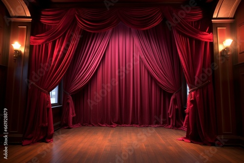 Crimson stage drapes. Generative AI