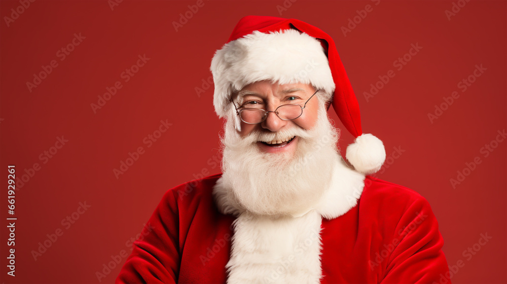 ELDERLY FAIRYTALE GRANDFATHER SANTA CLAUS ON A RED BACKGROUND, HORIZONTAL IMAGE. image created by legal AI ELDERLY FAIRYTALE GRANDFATHER SANTA CLAUS ON A RED BACKGROUND, HORIZONTAL IMAGE. image created by legal AI