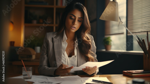 YOUNG HISPANIC WOMAN REVIEWING TAX DOCUMENTS, HORIZONTAL IMAGE. image created by legal AI