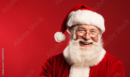 ELDERLY FAIRYTALE GRANDFATHER SANTA CLAUS ON A RED BACKGROUND, HORIZONTAL IMAGE. image created by legal AI
