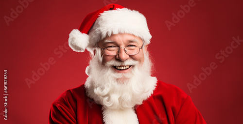 ELDERLY FAIRYTALE GRANDFATHER SANTA CLAUS ON A RED BACKGROUND, HORIZONTAL IMAGE. image created by legal AI