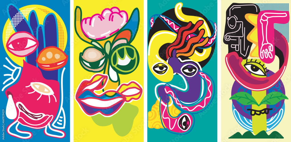 Set of vibrant abstract character, suitable for print or painting.