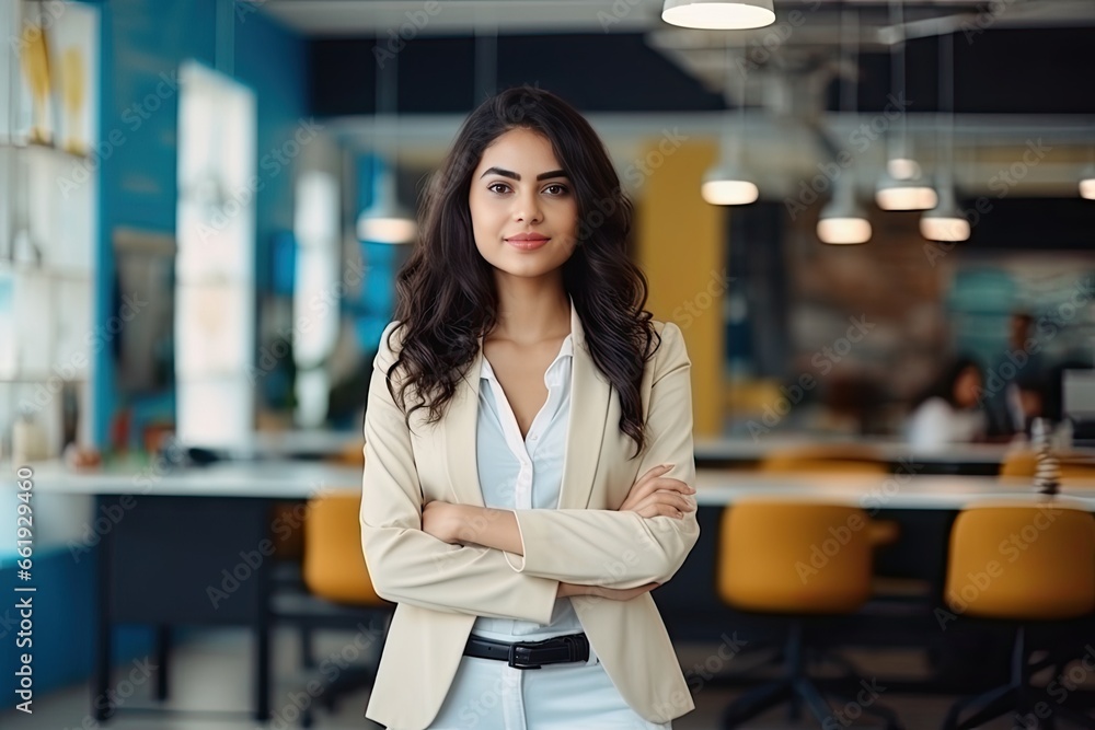 Beautiful Asian business woman smile in modern office. Smart and confident . Generative AI