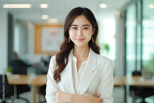 Beautiful Asian business woman smile in modern office. Smart and confident . Generative AI
