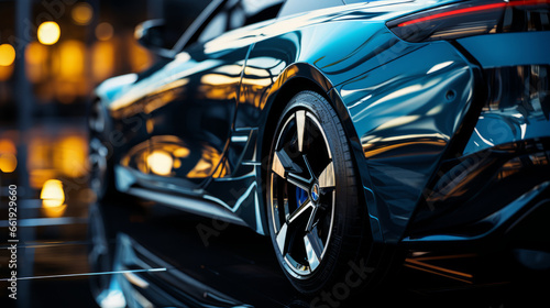 Close-up of luxury sports car in night city.