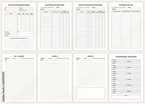 Minimalist planner pages templates. Return/Exchange From,Materials Inventory,Office Supplies Inventory,Running Out Of,To - Do List,Notes,