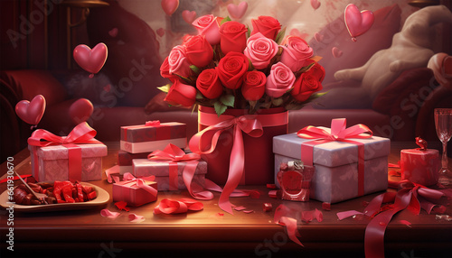 Romantic Valentine's Day Lovers with a gift box of red rose flower nature generated by AI © Baby