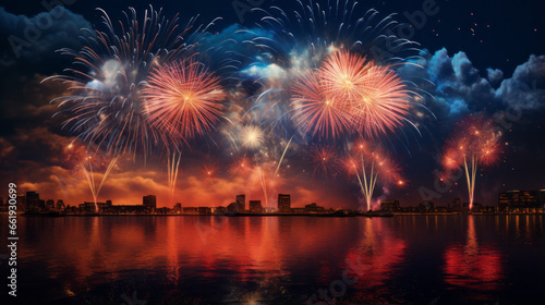 Vibrant fireworks in various colors adorn the night sky  suitable for the New Year and other celebrations