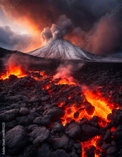 volcano, set against a dark sky, erupts with bright, fiery lava and sparks, captures the raw power of nature and the awe-inspiring spectacle of a volcanic eruption. 