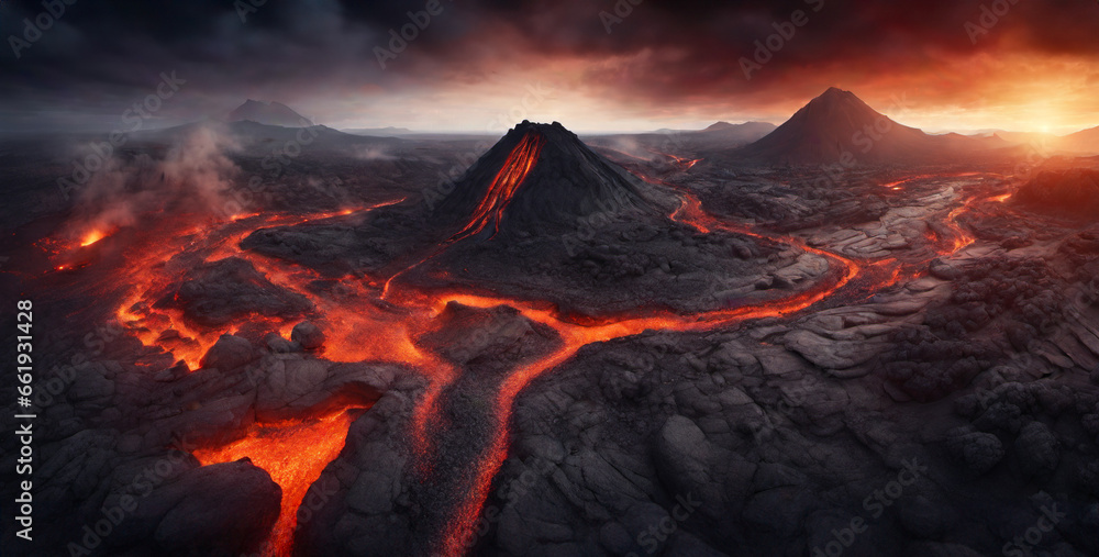 A river of bright, glowing lava cuts through a barren landscape, its path marked by black rocks and boulders. In the background, a large volcano spews smoke and ash into a dark, cloudy sky.