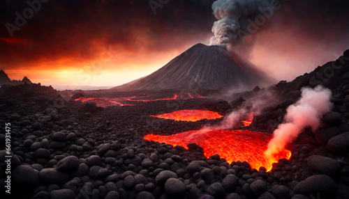 Active volcano in the midst of a powerful eruption. Bright, glowing lava flows down the volcano’s sides, creating a river of molten rock that snakes through a field of black rocks and boulders. 