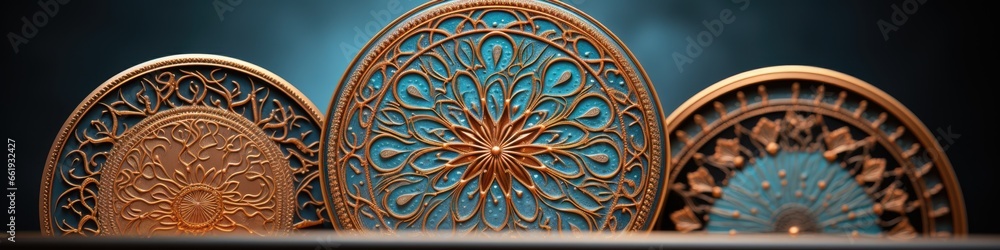 Luxury motif islamic gold lining roses with blue green mandala art styles ornamental design background
