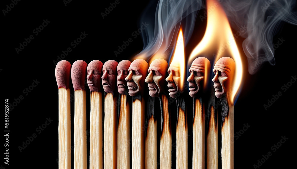 Conceptual image of a group of people standing in a row of wooden matches with fire coming out. Burnout concept Conceptual image of a group of people standing in a row of wooden matches with fire coming out. Burnout concept