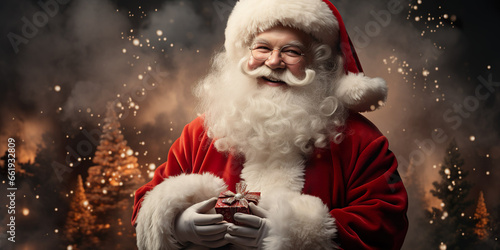Generative AI image of smiling Santa Claus with long white beard looking at camera against christmas tree and presents background © Fotomay