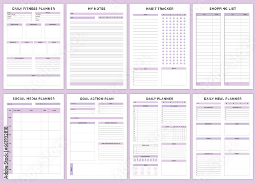 Minimalist planner pages templates.   Daily Fitness Planner,My notes,Habit Tracker,Shopping List,Social Media Planner,Goal Action Plan,Daily Planner,Daily Meal Planner,