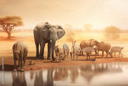 Elephants and zebras in the savanna of Africa