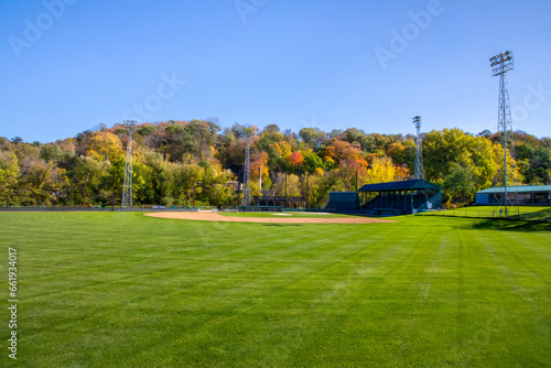 Fall colors on the hillside by Jordan Minnesota community baseball field