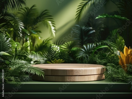 circle shape stage stand product display with green nature forest garden greenry blur background product stand exhibition showcase mockup,podium product concept,ai generate