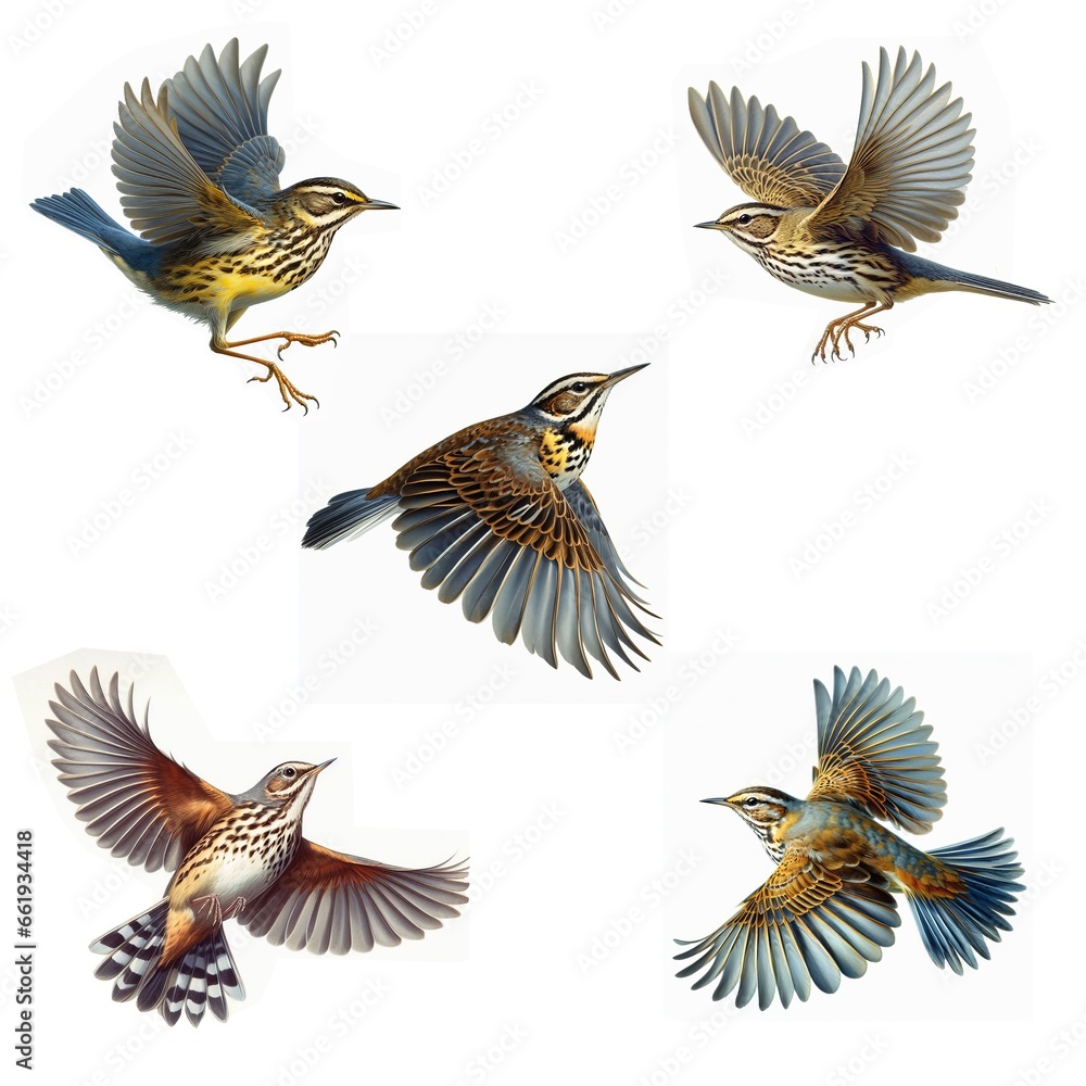 Obraz premium A set of Louisiana Waterthrush flying isolated on a white background