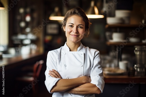 young beautiful smiling woman chef with arms crossed wearing in white suit at kitchen. Blurred background