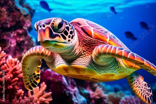 sea turtle close up over coral reef